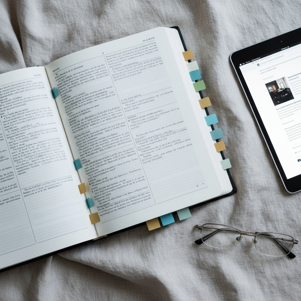 A close-up of a carefully annotated spiritual book laid flat on a natural linen cloth, its matte cream pages spread wide. Along the margins, color-coded adhesive tabs and a few precise underlines made with a fine gray pencil indicate thoughtful analysis. Beside the book rests a slim tablet displaying a blurred academic article interface and a pair of simple, frameless reading glasses folded neatly. Soft, cool-toned studio lighting creates even illumination, with faint shadows adding depth. Photographed from directly above in a clean, organized composition, the image evokes rigorous, scholarly engagement with spiritual writing, rendered in crisp photographic realism with a calm, methodical atmosphere.