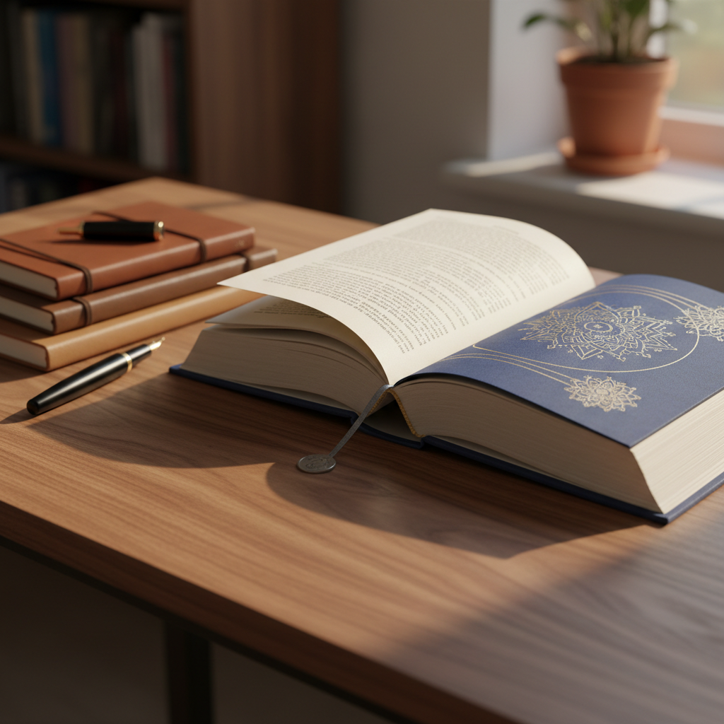 A thick, cloth-bound spiritual book with a deep indigo cover and subtle gold-embossed patterns, resting open on a smooth walnut desk. Delicate, cream-colored pages curve gently, with a simple metal bookmark catching the light. Around the book, a few neatly stacked notebooks and a fountain pen suggest careful study and reflection. Soft morning light filters through an unseen window, creating calm highlights on the wood grain and gentle shadows along the page edges. Photographed at eye level with a shallow depth of field, the focus stays on the open book while the background blurs into a warm, scholarly ambiance, evoking a professional, contemplative atmosphere in clean photographic realism.