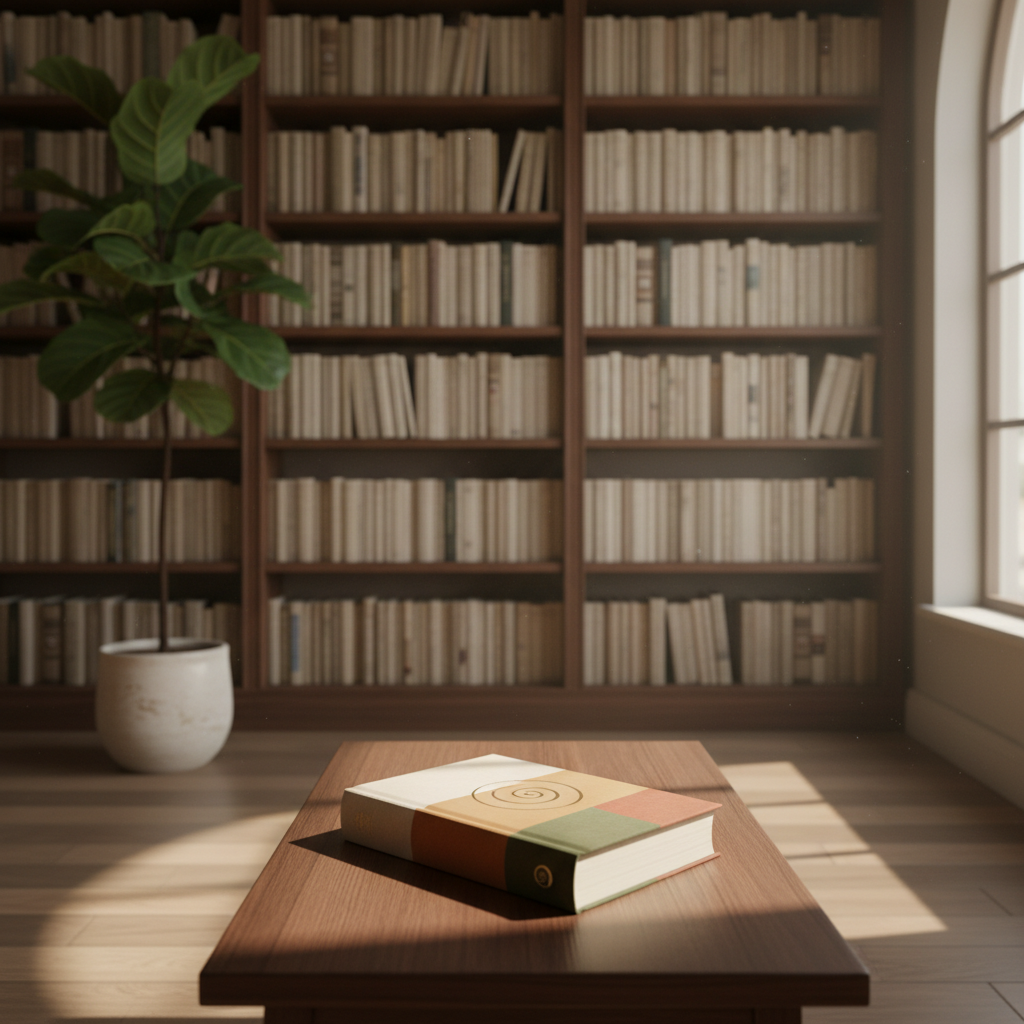 A serene reading corner dedicated to spiritual literature, featuring a low dark-wood table with a single, elegantly designed spiritual book centered on it, its cover in muted earth tones with a minimalist symbol. Behind it, tall shelves filled with neatly arranged, unbranded books form a soft backdrop. A large, leafy plant adds organic texture to one side. Diffused afternoon light from a tall window bathes the scene, creating balanced, gentle shadows. Captured from a slightly elevated angle with sharp focus across the frame, the composition uses the rule of thirds to highlight the featured book, conveying a professional yet inviting space for deep reflection and serious study in a realistic photographic style.